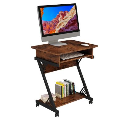 Rolling Computer Desk with Keyboard Tray Compact Computer Cart with Storage Mobile Computer Desks for Small Space - Brown/23.54" x 18.9" x 29.53"