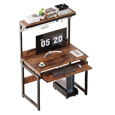 Gaming Table Computer Desk with Hutch 32 inch Writing Study Table Workstation PC Table for Home Office - brown/31.5" x 18.5" x (29.13+22.1)"