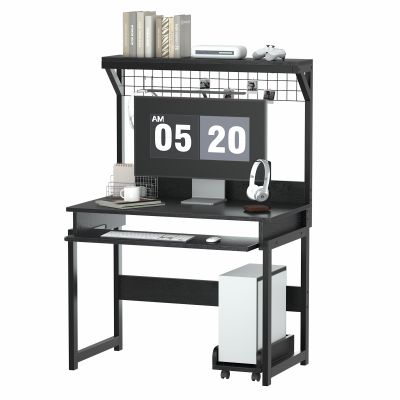 Modern Style Multifunctional Black Computer Desk with Bookshelf and Storage Shelves, Spacious Workstation for Home Office - black