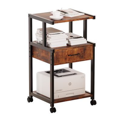 Large Printer Stand with Storage Drawer 3-Tier Industrial Under Desk Printer Cart with Shelf Mobile Heavy Duty Storage Rack on Wheels for Home - brown/17.72" x 14.96" x 31.5"