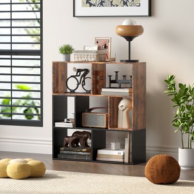 Open Rack Comic Rack Storage Shelf for Home Office Easy Assembly Wooden 3-Tier （Black/Brown）