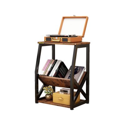 3 Tier side table with vinyl singing rack and brown record storage rack, bedside table with magazine rack, suitable for living room and bedroom - Brown/23.6*15.75*11.8 Inch