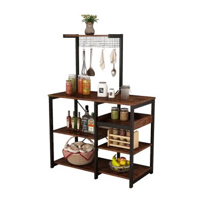 Kitchen Baker's Rack, 3 Tiers Kitchen Island, Wooden Metal Frame with 4 Hooks, Microwave Stand, Kitchen Storage Shelf, Coffee Bar for Spice, Pots and Pans Organizer - Brown