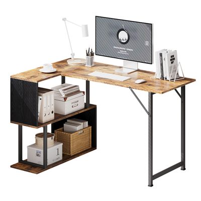 29.5-Inch L-Shaped Computer Desk with 2-Tier Storage Shelves & Metal Frame, Space-Saving Corner Desk for Home Office, Gaming, Study, Small Spaces - Modern Wooden Workstation for PC, Writing, Work, Stylish Dual Shelf Design - Brown