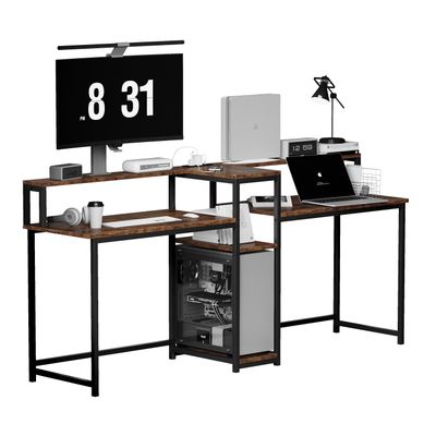 83.5 Inch 2 Person Computer Desk with LED Lights,Gaming Desk with 162-1 Storag,Power Outlets and Monitor Stand,Study Writing Table for Home Office - Brown/83.5" x 19.7" x 37.8"
