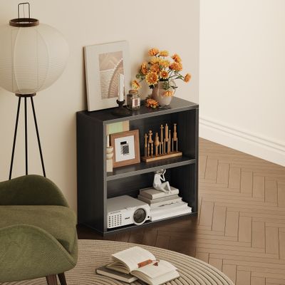 2 Tier Bookcase,Wood Open Bookshelf with Storage Shelf, Floor Standing Display Unit,Small Storage Shelves Units for Home Office, Living Room, Entryway, Kitchen - Black