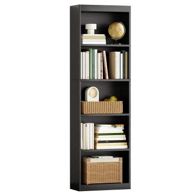 5 Tier Bookshelf, 20 Inches Wide Wooden Storage Shelves, Floor Standing Open Bookcase for HomeOffice, Bedroom, Living Room - Black/20.08" x 9.45" x 68.11"