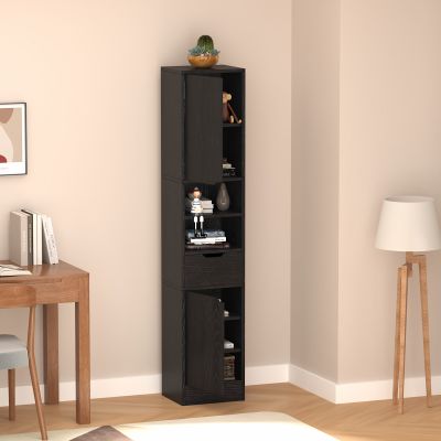 Bookshelf 8-tier colored box with doors, large capacity with drawers, dust-proof, slim, wooden, game storage, dimensions 35cm wide x 29cm deep x 170cm high. - Black