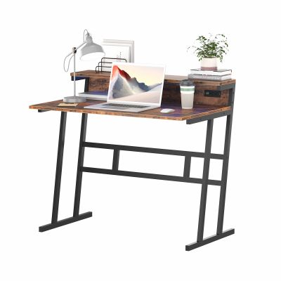 Modern Writing Table with Storage Shelves, Home Office Computer Desk, Space-Saving Workstation Suitable for Small Spaces - brown