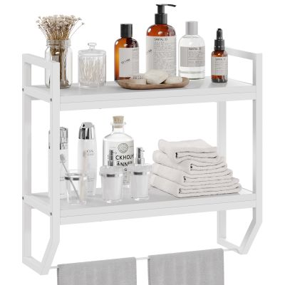 Two-layer wooden bathroom shelf, wall-mounted independent storage rack with towel bar, wall-mounted bracket, simple style storage solution, suitable for bathroom, living room and bedroom - White/23.62*7.87*22.05inch