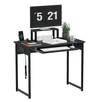 37.4" Computer Desk with Monitor Stand, Modern Small Desk with Charging Station and USB Ports, Lightweight Wood & Metal Writing Table, Compact Study Table with Pull-out Keyboard - Black