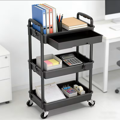 Office Storage Cart 3-Tier & 4-Tier Rolling Utility Cart with Drawer - Multifunctional Storage Organizer with Plastic Shelf & Lockable Wheels for Kitchen, Bathroom, Living Room - Black
