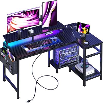 Gaming Desk, Computer Desk with USB Charging Ports, Power Outlets, Type-C and LED Lights, Reversible L Shaped Desk with Storage Shelves & Monitor Stand for Office - 121*80*87cm/Black